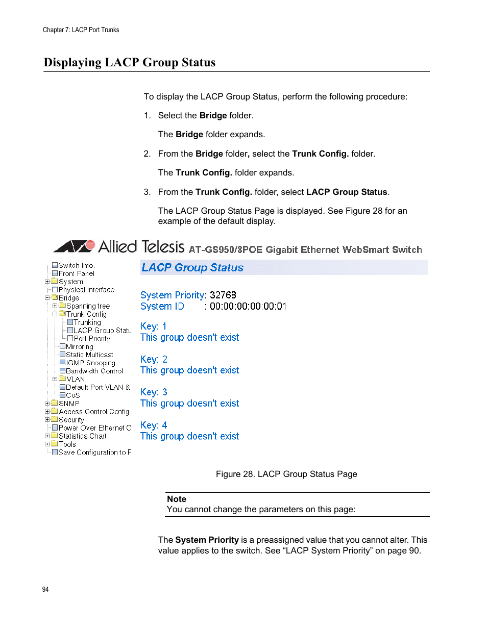 Displaying lacp group status | Allied Telesis AT-S101 User Manual | Page 94 / 238