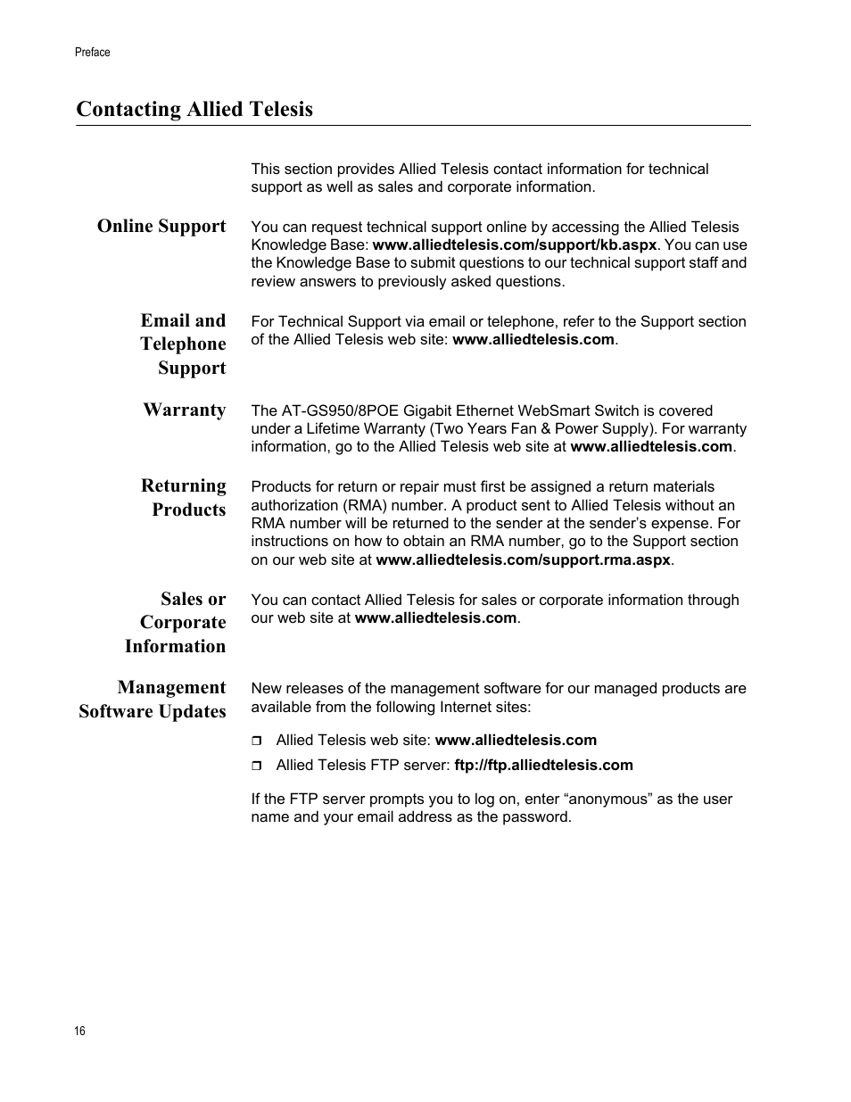 Contacting allied telesis, Online support, Email and telephone support | Warranty, Returning products, Sales or corporate information, Management software updates | Allied Telesis AT-GS950/8POE User Manual | Page 16 / 68