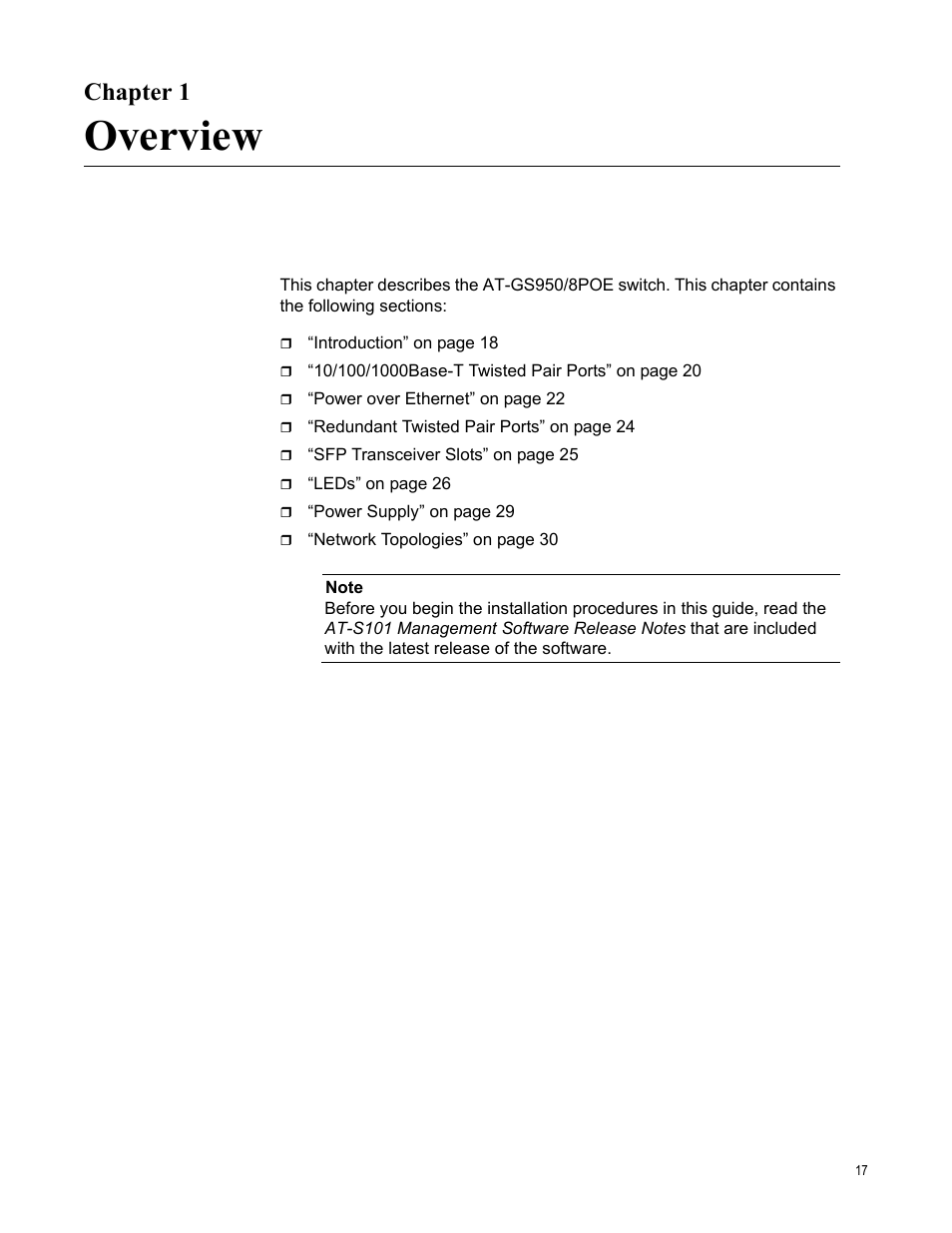 Chapter 1, Overview, R 1: overview | Allied Telesis AT-GS950/8POE User Manual | Page 17 / 68