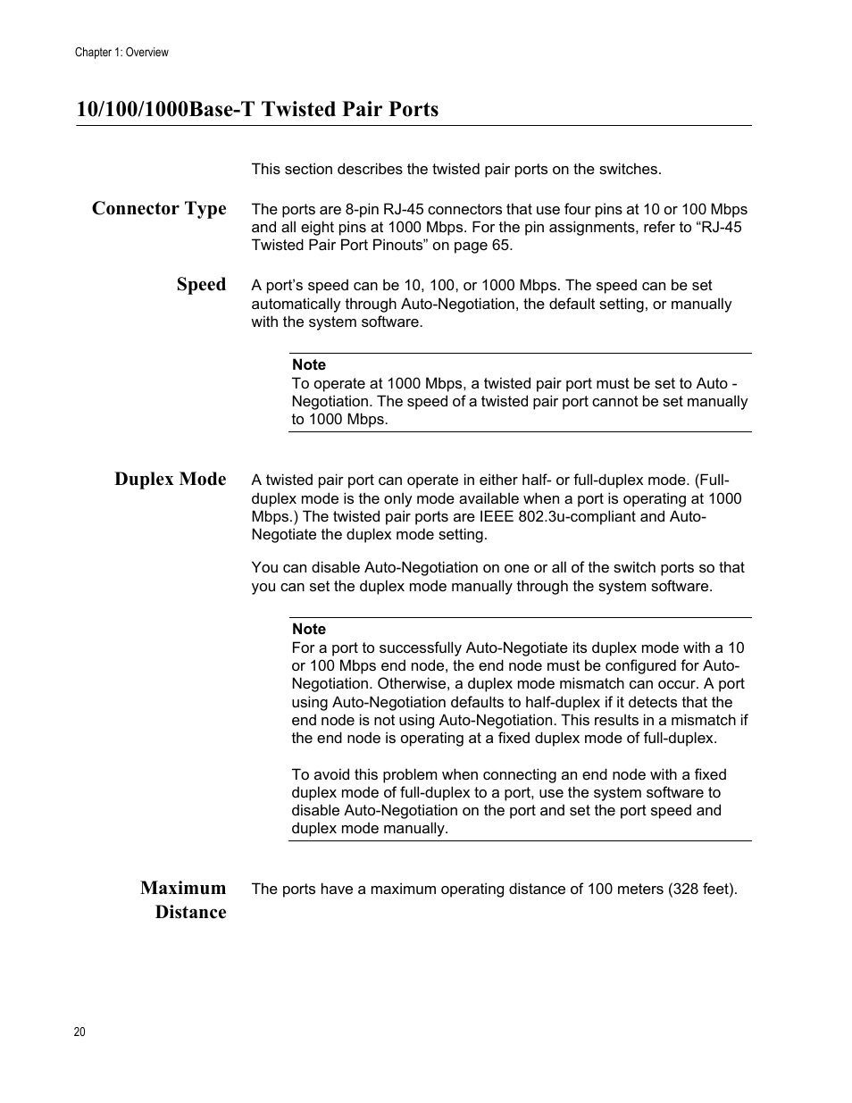 10/100/1000base-t twisted pair ports, Connector type, Speed | Duplex mode, Maximum distance, Connector type speed duplex mode maximum distance | Allied Telesis AT-GS950/8POE User Manual | Page 20 / 68