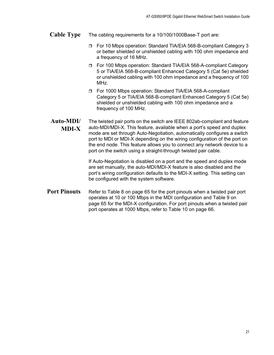 Cable type, Auto-mdi/ mdi-x, Port pinouts | Cable type auto-mdi/mdi-x port pinouts | Allied Telesis AT-GS950/8POE User Manual | Page 21 / 68