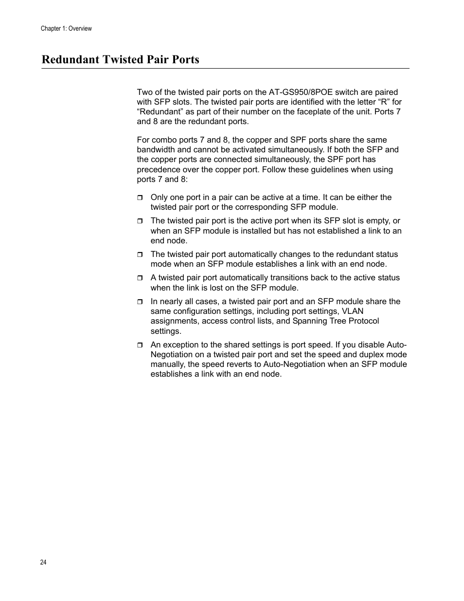 Redundant twisted pair ports | Allied Telesis AT-GS950/8POE User Manual | Page 24 / 68