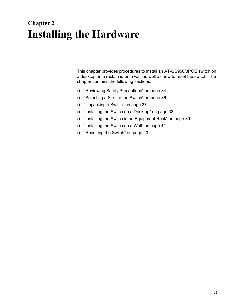 Chapter 2, Installing the hardware, Chapter 2: installing the hardware | Allied Telesis AT-GS950/8POE User Manual | Page 33 / 68