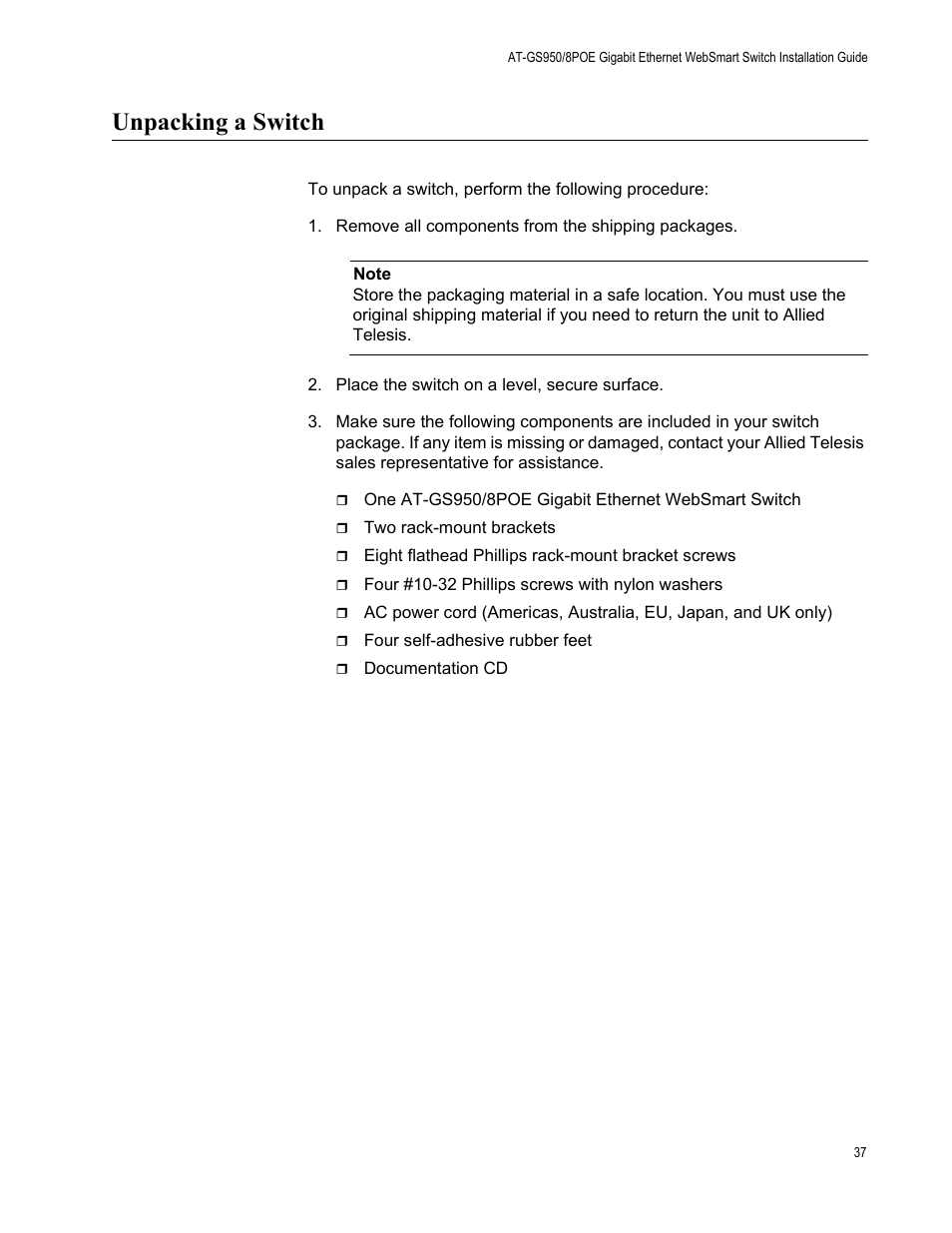 Unpacking a switch | Allied Telesis AT-GS950/8POE User Manual | Page 37 / 68