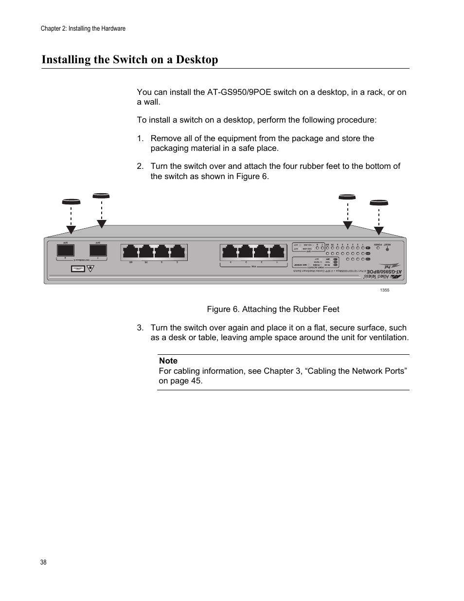 Installing the switch on a desktop, Figure 6: attaching the rubber feet, Chapter 2: installing the hardware 38 | Allied Telesis AT-GS950/8POE User Manual | Page 38 / 68