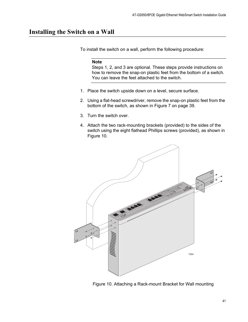 Installing the switch on a wall, Clas s 1 las er p roduc t | Allied Telesis AT-GS950/8POE User Manual | Page 41 / 68