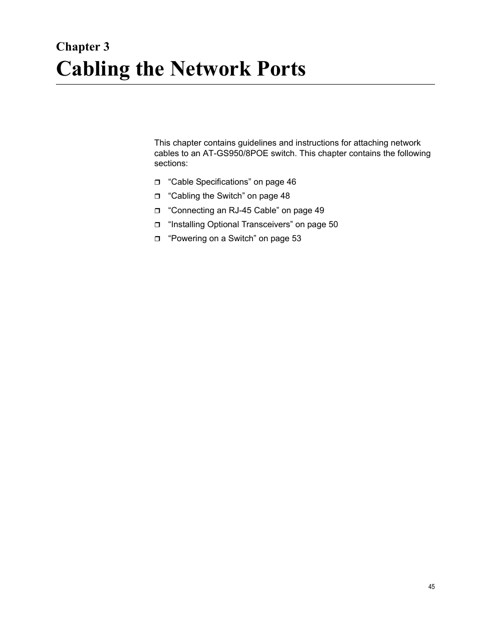 Chapter 3, Cabling the network ports, Chapter 3: cabling the network ports | Allied Telesis AT-GS950/8POE User Manual | Page 45 / 68