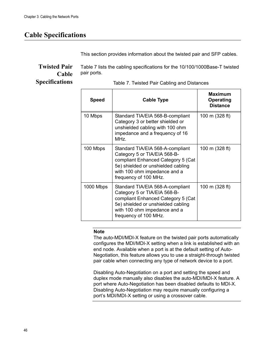 Cable specifications, Twisted pair cable specifications, Table 7: twisted pair cabling and distances | Allied Telesis AT-GS950/8POE User Manual | Page 46 / 68