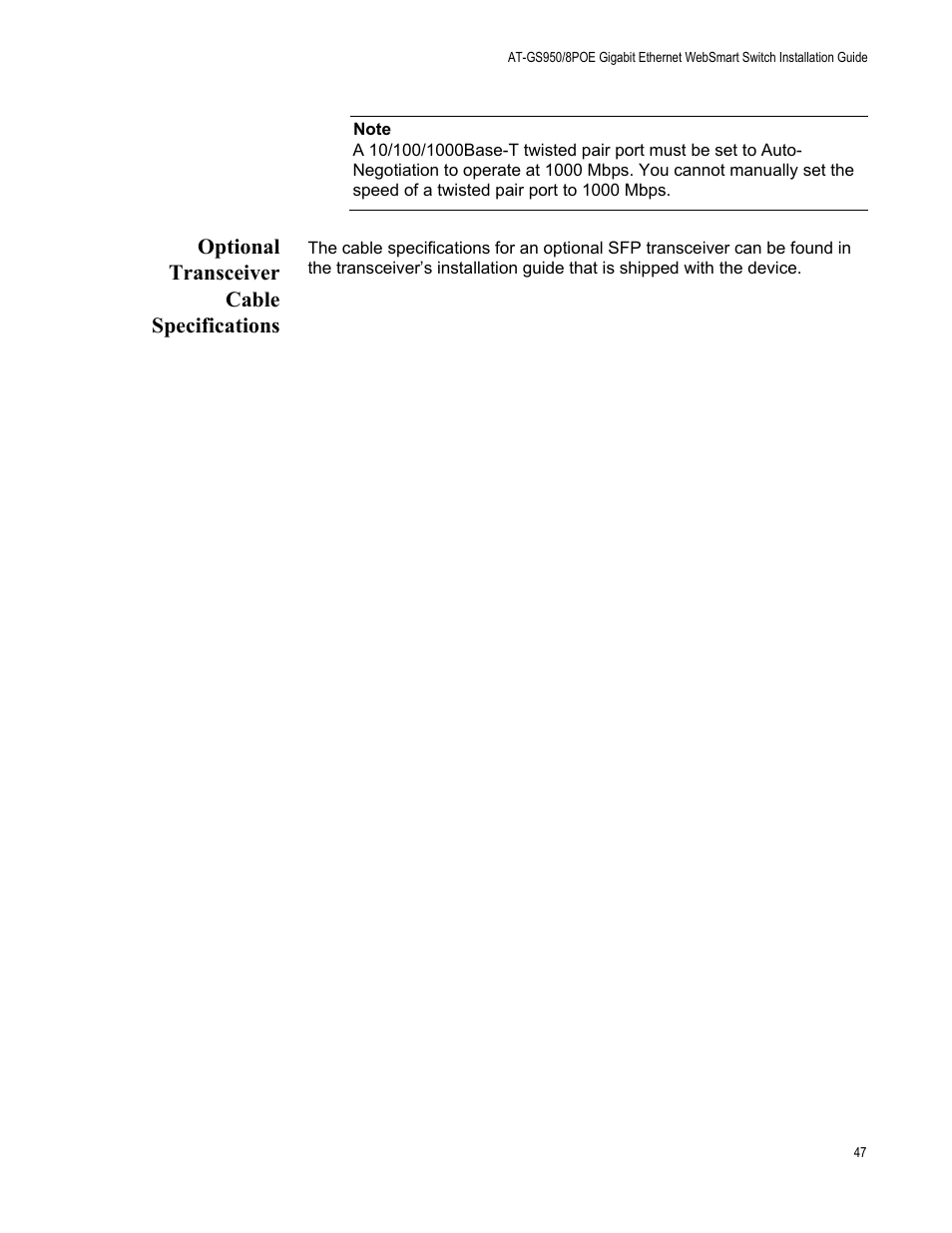 Optional transceiver cable specifications | Allied Telesis AT-GS950/8POE User Manual | Page 47 / 68