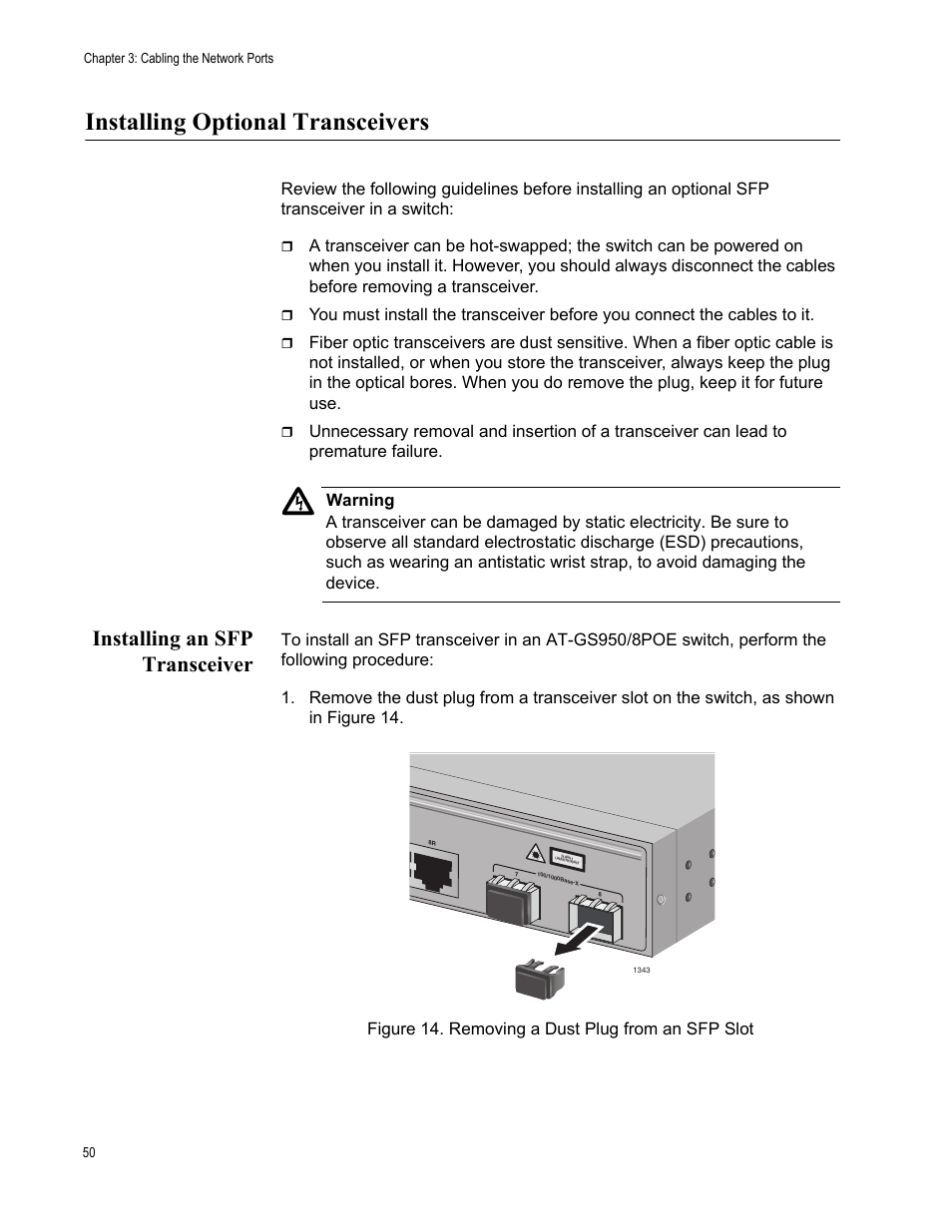 Installing optional transceivers, Installing an sfp transceiver, Figure 14: removing a dust plug from an sfp slot | Allied Telesis AT-GS950/8POE User Manual | Page 50 / 68