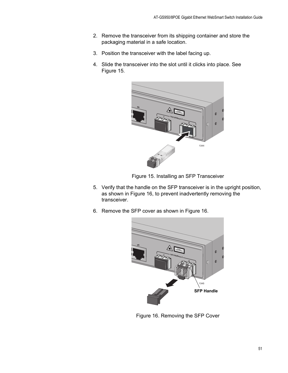 Sfp handle | Allied Telesis AT-GS950/8POE User Manual | Page 51 / 68