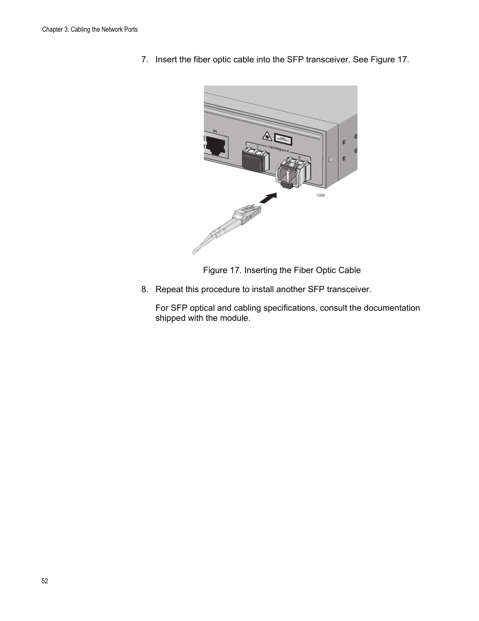 Figure 17: inserting the fiber optic cable, Chapter 3: cabling the network ports 52 | Allied Telesis AT-GS950/8POE User Manual | Page 52 / 68