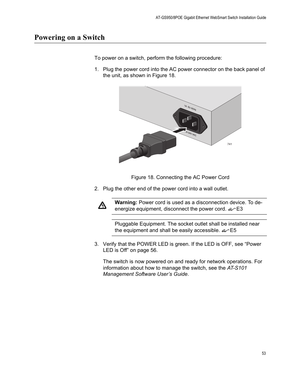 Powering on a switch, Figure 18: connecting the ac power cord | Allied Telesis AT-GS950/8POE User Manual | Page 53 / 68