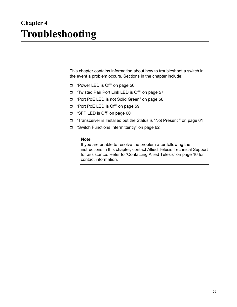 Chapter 4, Troubleshooting, R 4: troubleshooting | Allied Telesis AT-GS950/8POE User Manual | Page 55 / 68