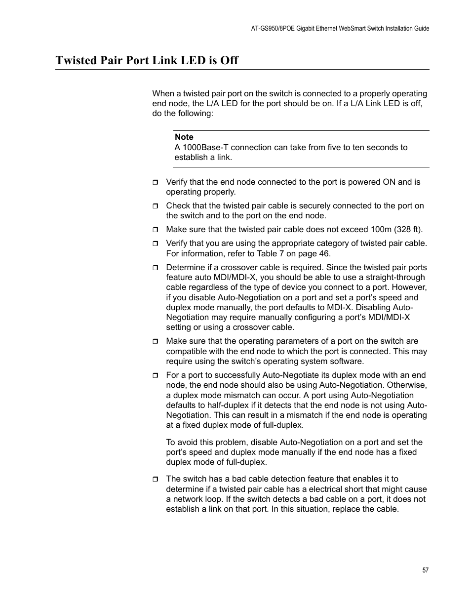 Twisted pair port link led is off | Allied Telesis AT-GS950/8POE User Manual | Page 57 / 68