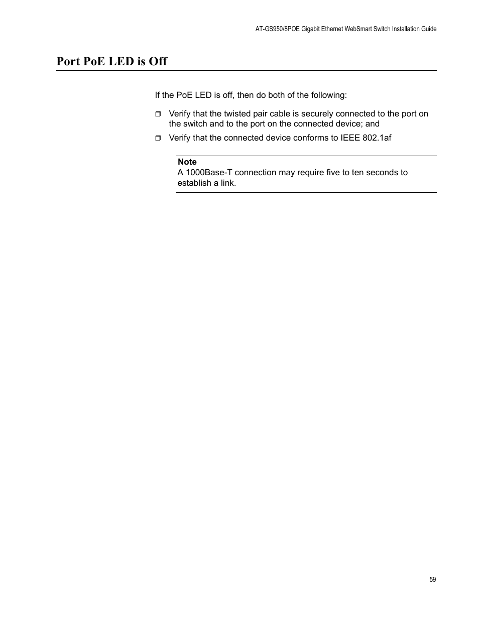 Port poe led is off | Allied Telesis AT-GS950/8POE User Manual | Page 59 / 68