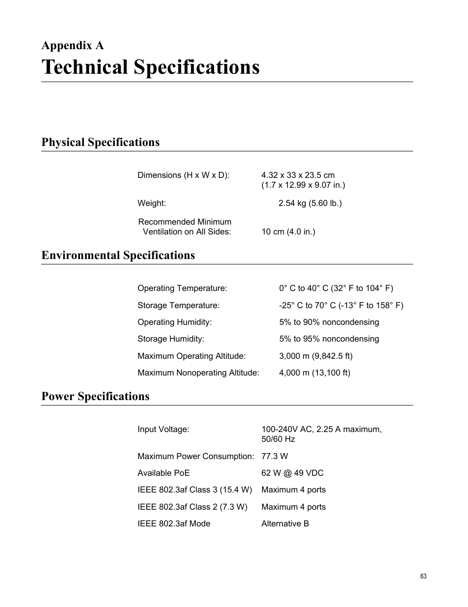 Appendix a, Technical specifications, Physical specifications | Environmental specifications, Power specifications, Appendix a: technical specifications | Allied Telesis AT-GS950/8POE User Manual | Page 63 / 68