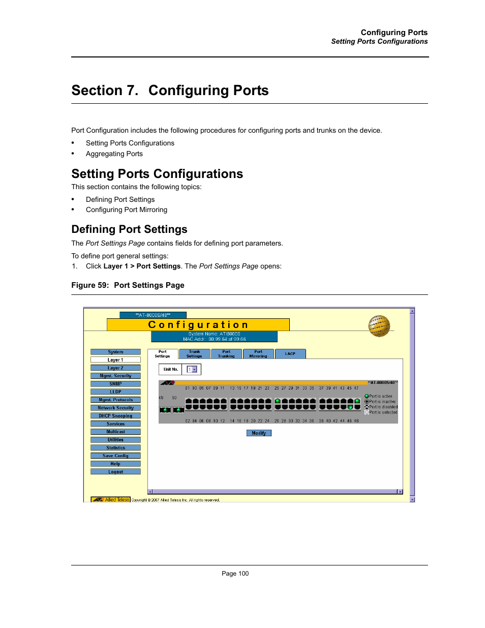 Section 7. configuring ports, Setting ports configurations, Defining port settings | Configuring ports | Allied Telesis AT-S94 User Manual | Page 100 / 250