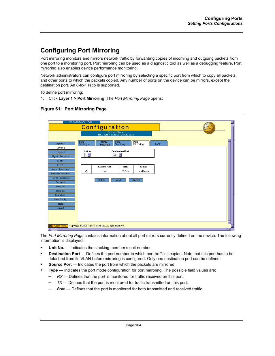 Configuring port mirroring | Allied Telesis AT-S94 User Manual | Page 104 / 250