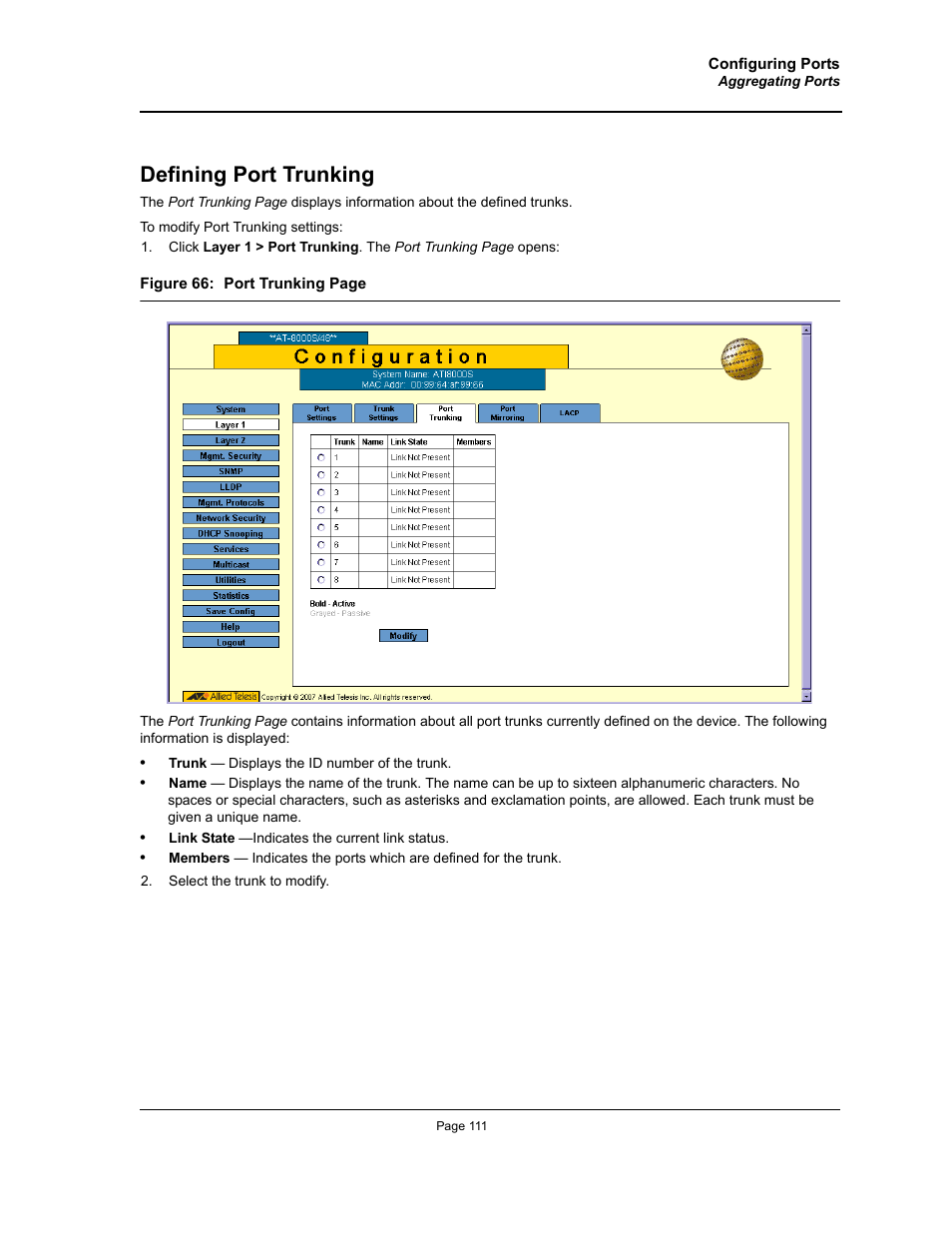 Defining port trunking | Allied Telesis AT-S94 User Manual | Page 111 / 250