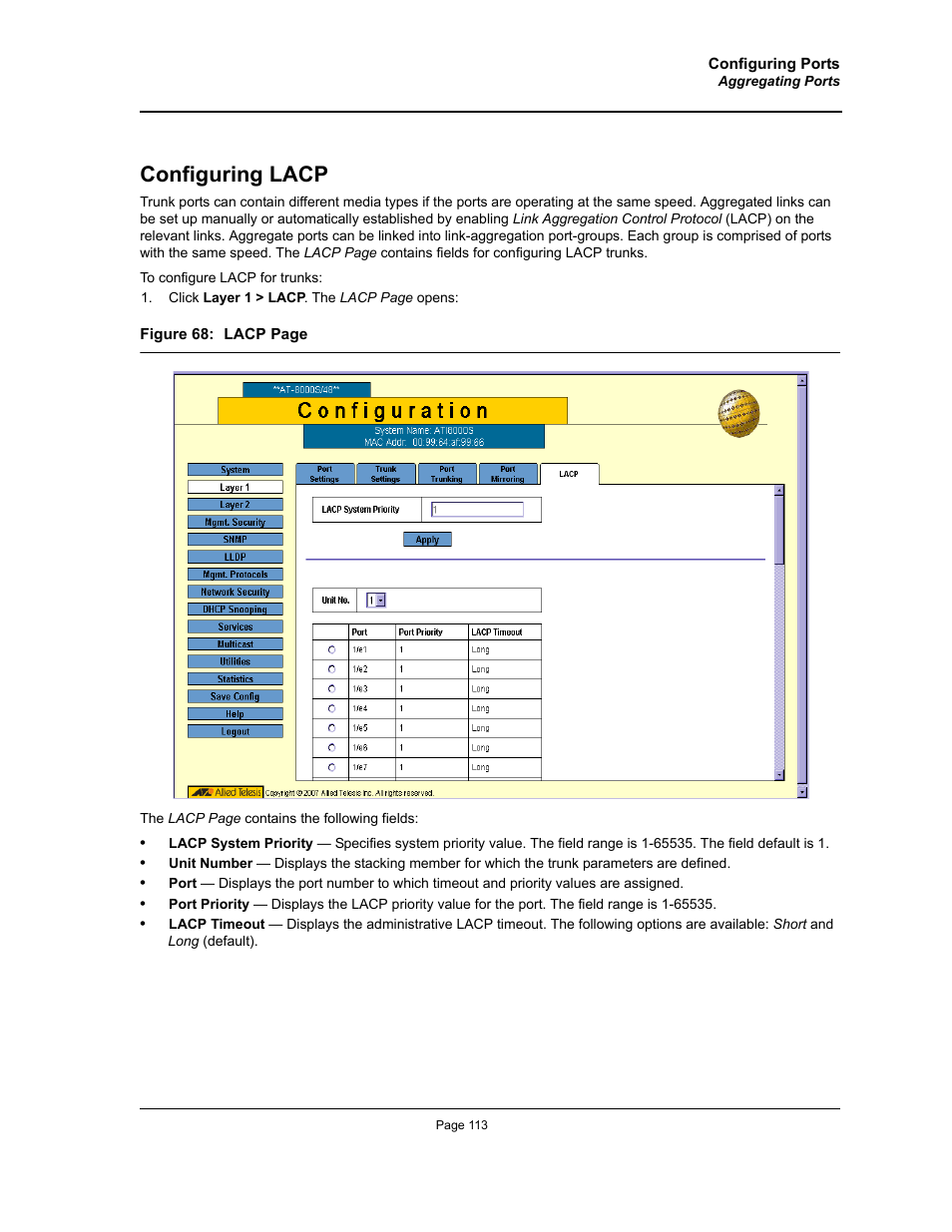 Configuring lacp | Allied Telesis AT-S94 User Manual | Page 113 / 250