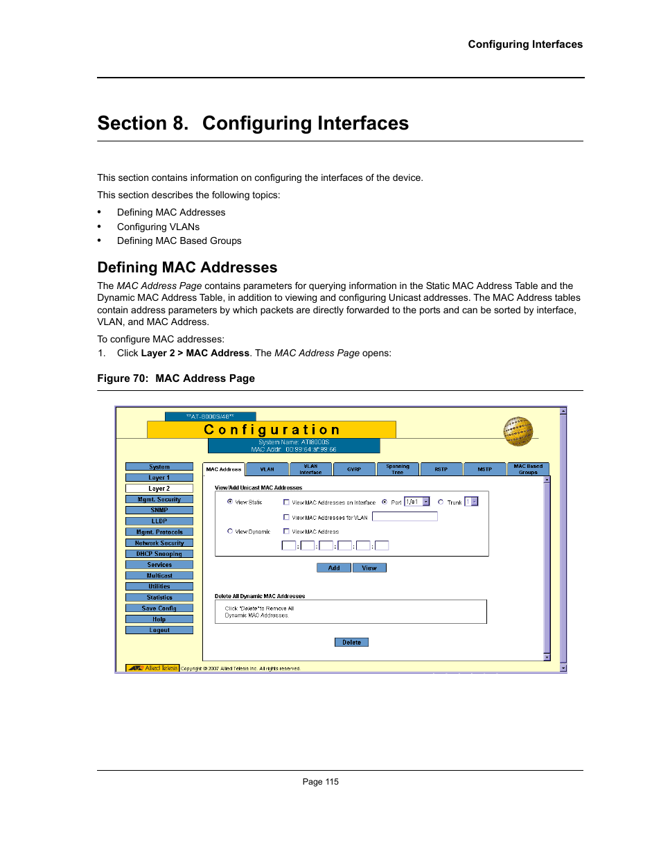 Section 8. configuring interfaces, Defining mac addresses, Configuring interfaces | Allied Telesis AT-S94 User Manual | Page 115 / 250