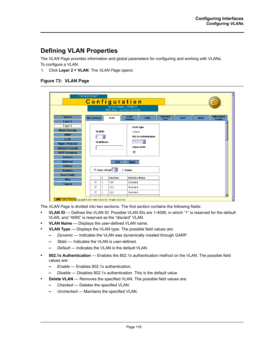 Defining vlan properties | Allied Telesis AT-S94 User Manual | Page 119 / 250