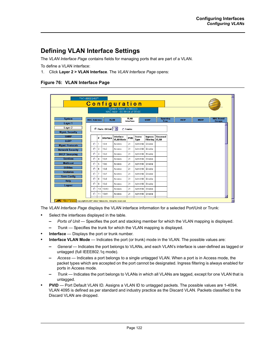 Defining vlan interface settings | Allied Telesis AT-S94 User Manual | Page 122 / 250