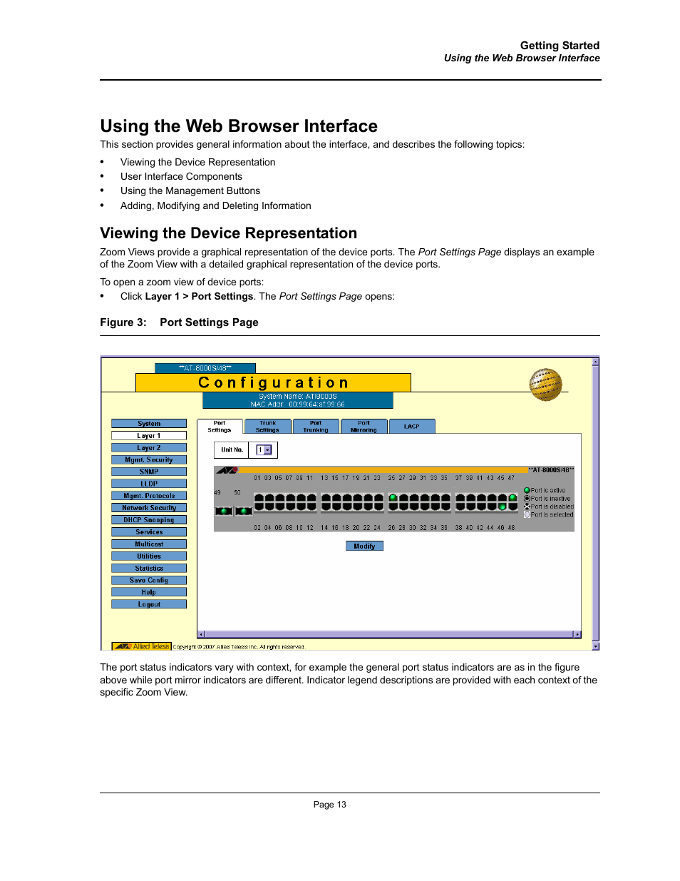 Using the web browser interface, Viewing the device representation | Allied Telesis AT-S94 User Manual | Page 13 / 250