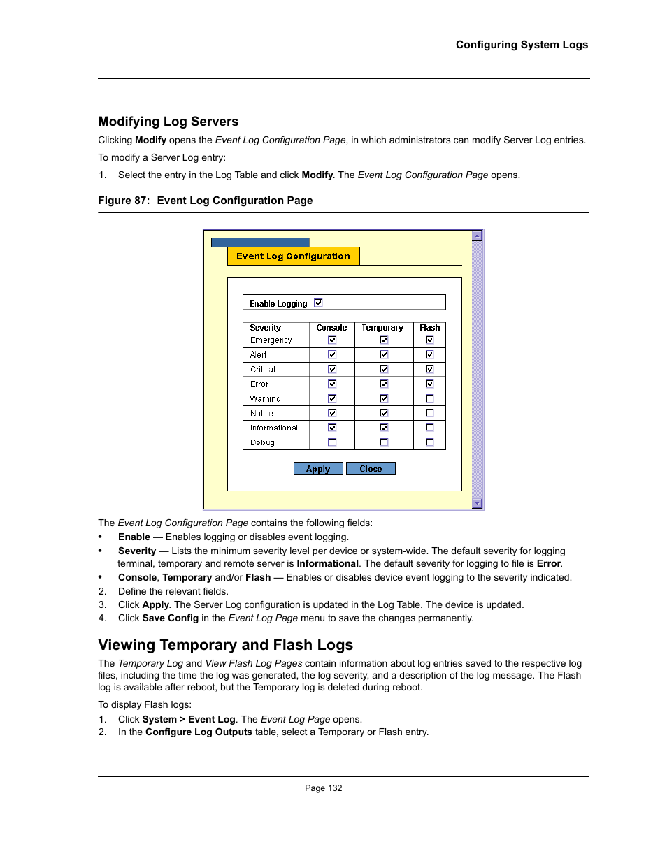 Viewing temporary and flash logs, Modifying log servers | Allied Telesis AT-S94 User Manual | Page 132 / 250