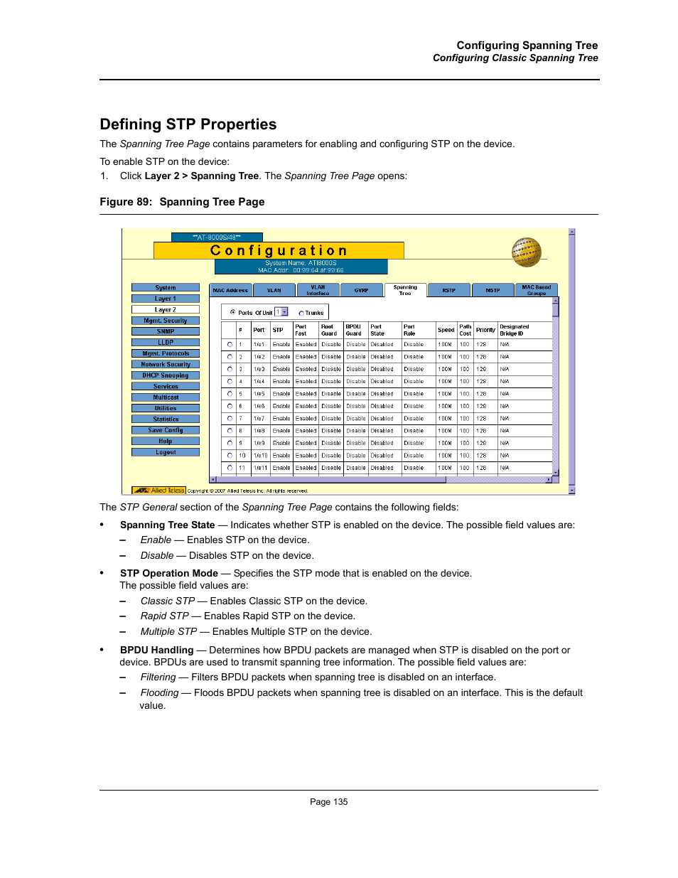 Defining stp properties | Allied Telesis AT-S94 User Manual | Page 135 / 250