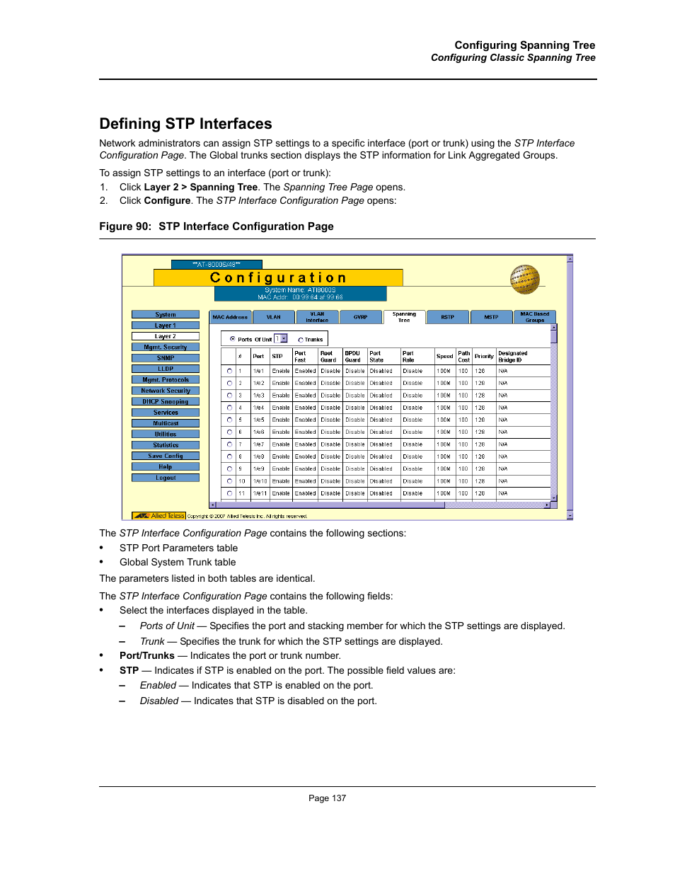 Defining stp interfaces | Allied Telesis AT-S94 User Manual | Page 137 / 250