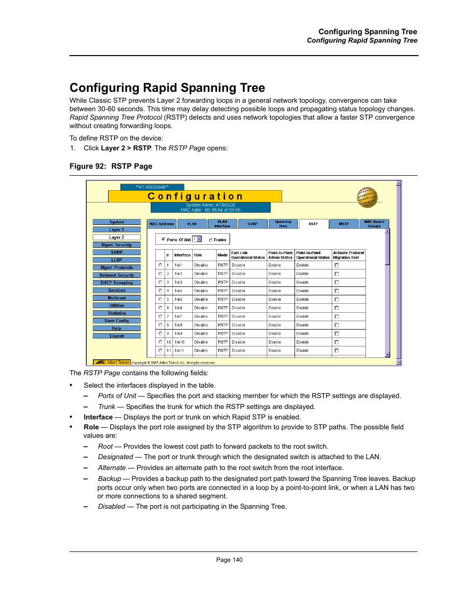 Configuring rapid spanning tree | Allied Telesis AT-S94 User Manual | Page 140 / 250
