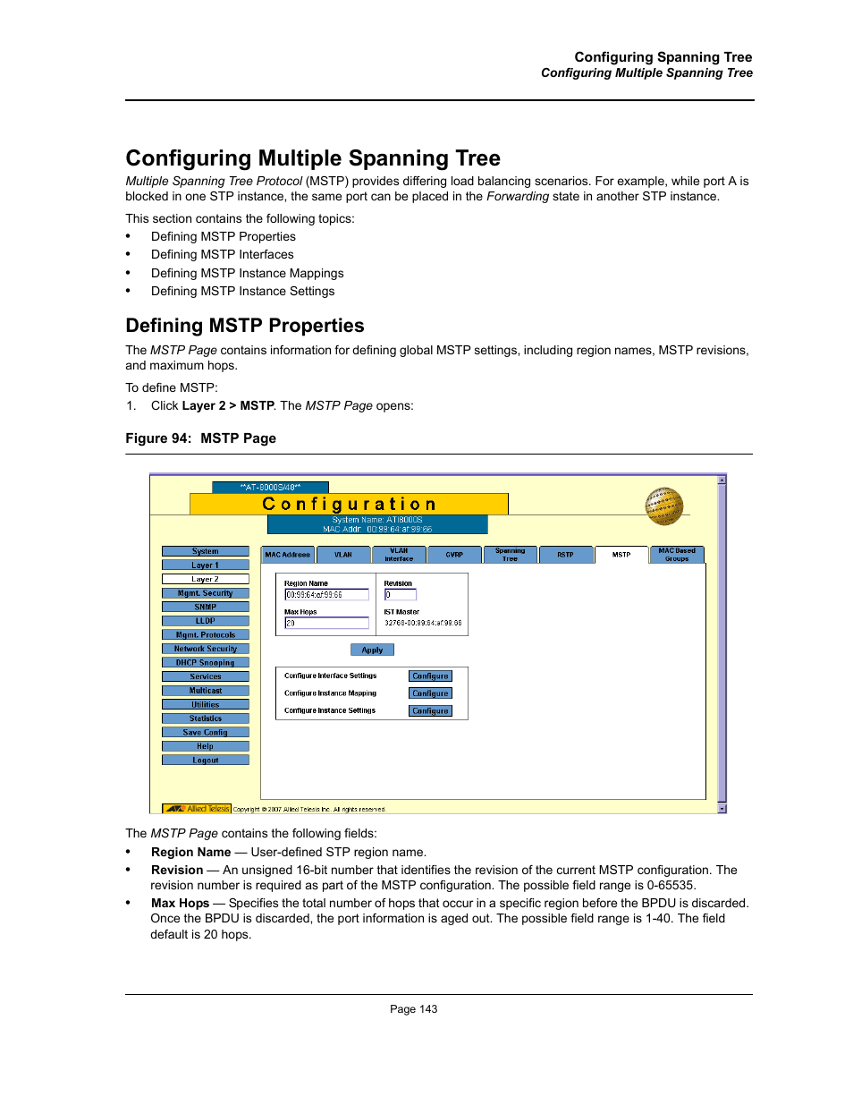 Configuring multiple spanning tree, Defining mstp properties, E configuring multiple spanning tree | Allied Telesis AT-S94 User Manual | Page 143 / 250