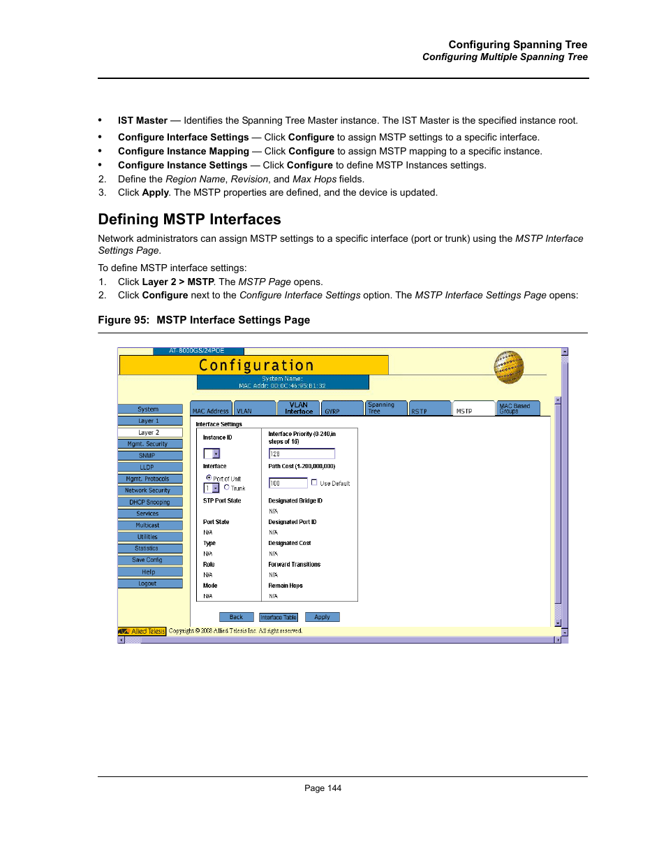 Defining mstp interfaces | Allied Telesis AT-S94 User Manual | Page 144 / 250