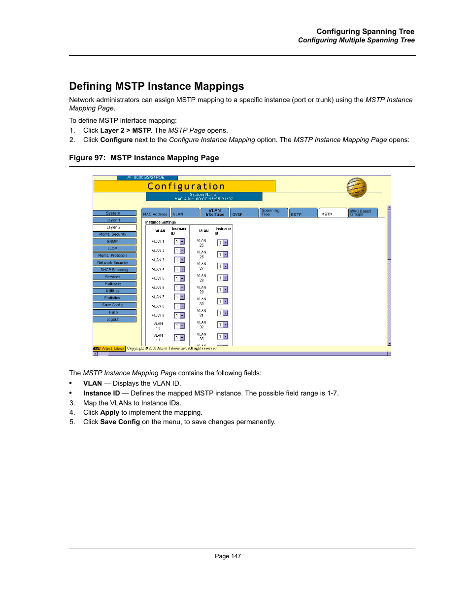 Defining mstp instance mappings | Allied Telesis AT-S94 User Manual | Page 147 / 250