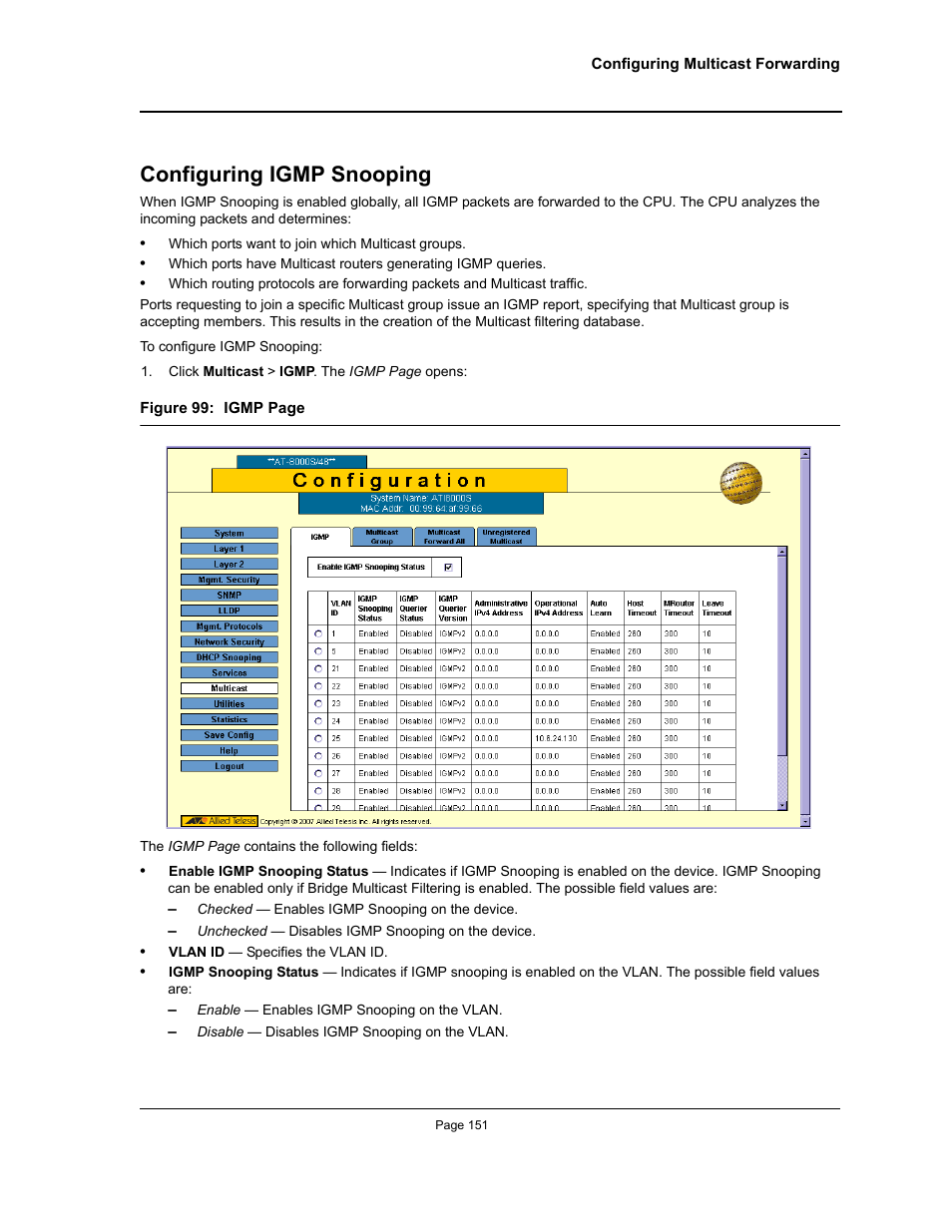 Configuring igmp snooping | Allied Telesis AT-S94 User Manual | Page 151 / 250
