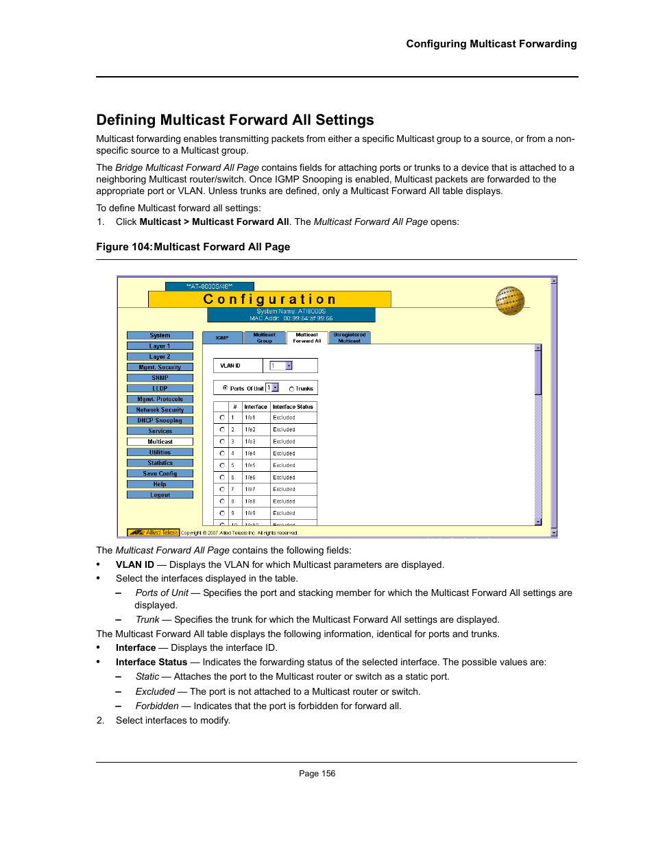 Defining multicast forward all settings | Allied Telesis AT-S94 User Manual | Page 156 / 250