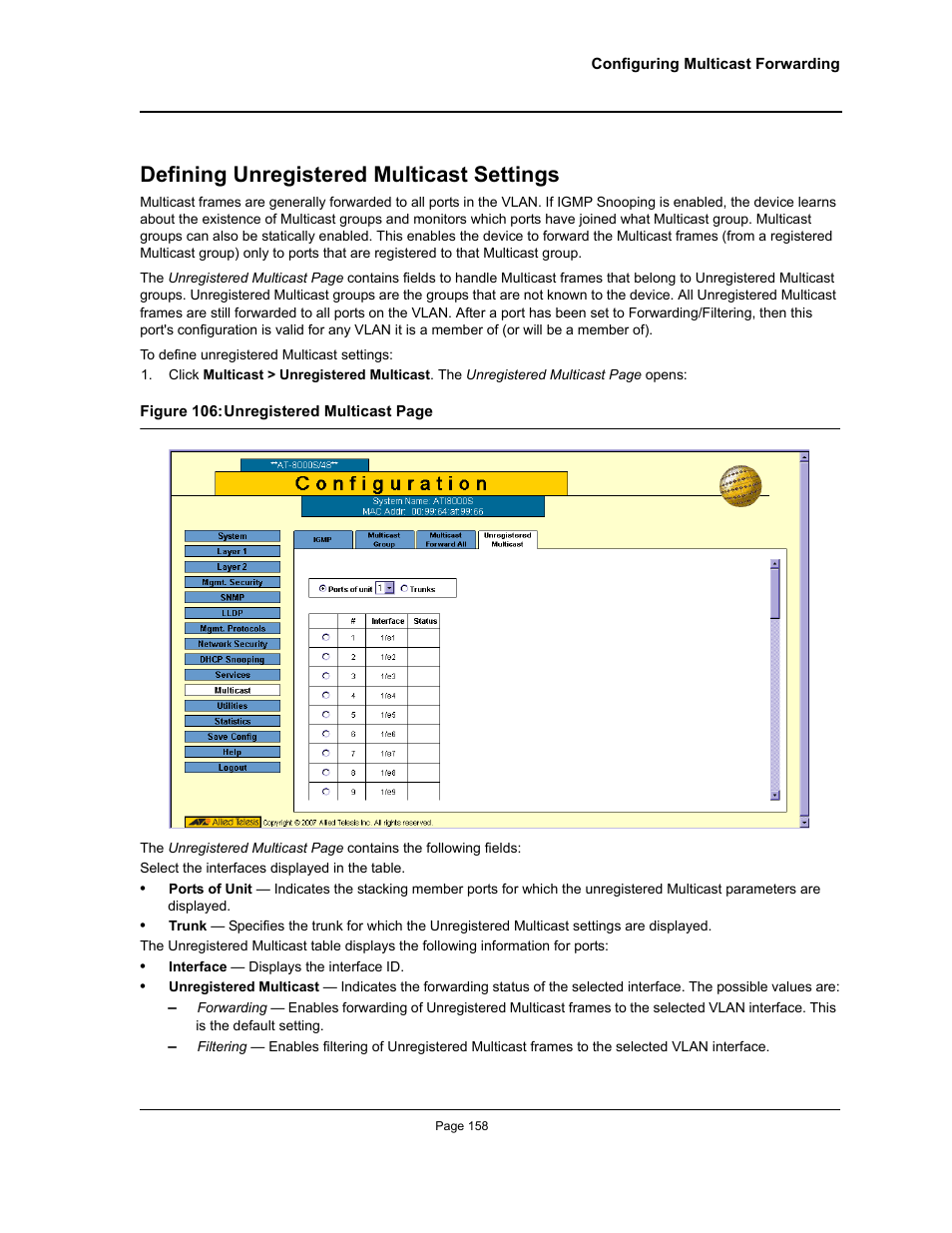 Defining unregistered multicast settings | Allied Telesis AT-S94 User Manual | Page 158 / 250