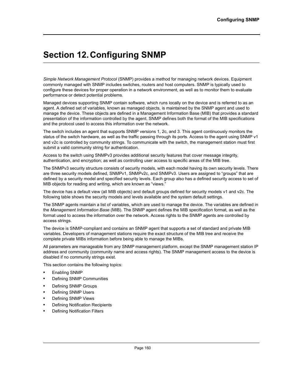 Section 12. configuring snmp, Configuring snmp, Configuring snmp” — provid | Allied Telesis AT-S94 User Manual | Page 160 / 250
