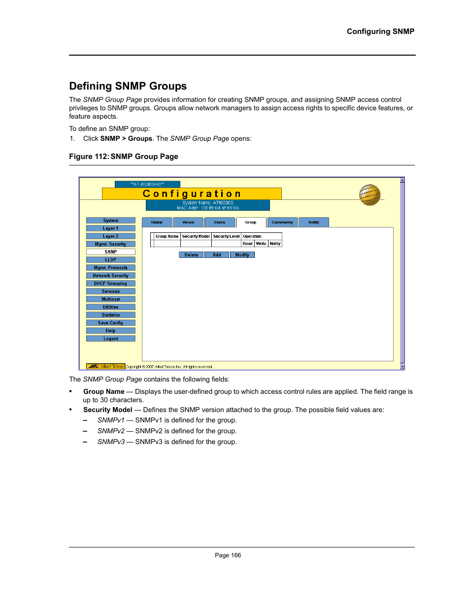 Defining snmp groups | Allied Telesis AT-S94 User Manual | Page 166 / 250