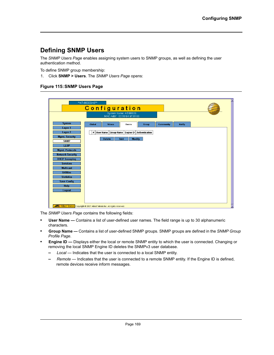 Defining snmp users | Allied Telesis AT-S94 User Manual | Page 169 / 250