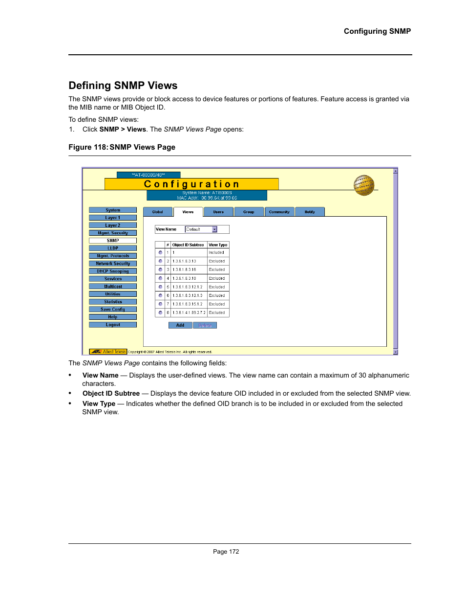Defining snmp views | Allied Telesis AT-S94 User Manual | Page 172 / 250
