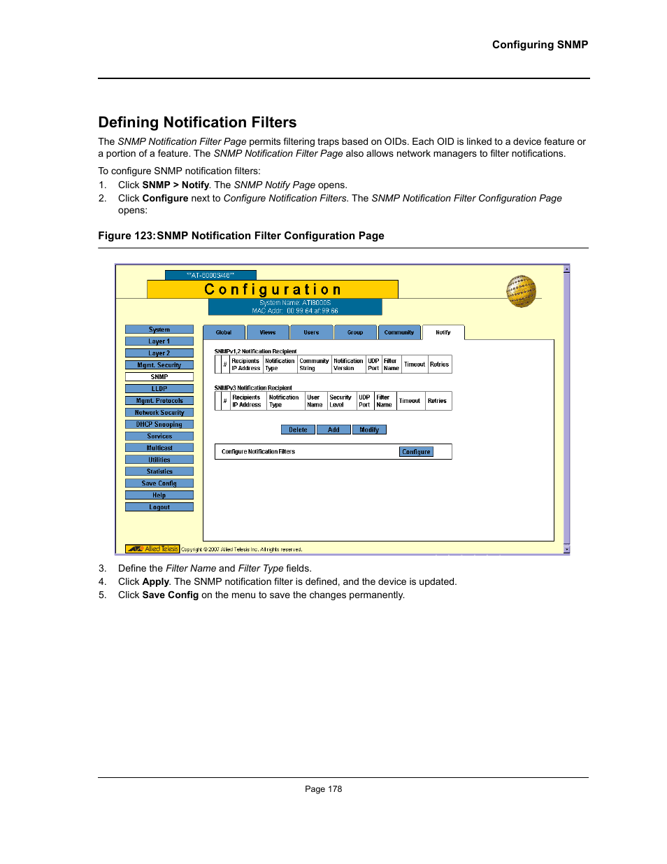 Defining notification filters | Allied Telesis AT-S94 User Manual | Page 178 / 250