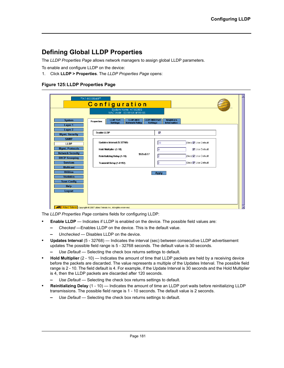 Defining global lldp properties | Allied Telesis AT-S94 User Manual | Page 181 / 250
