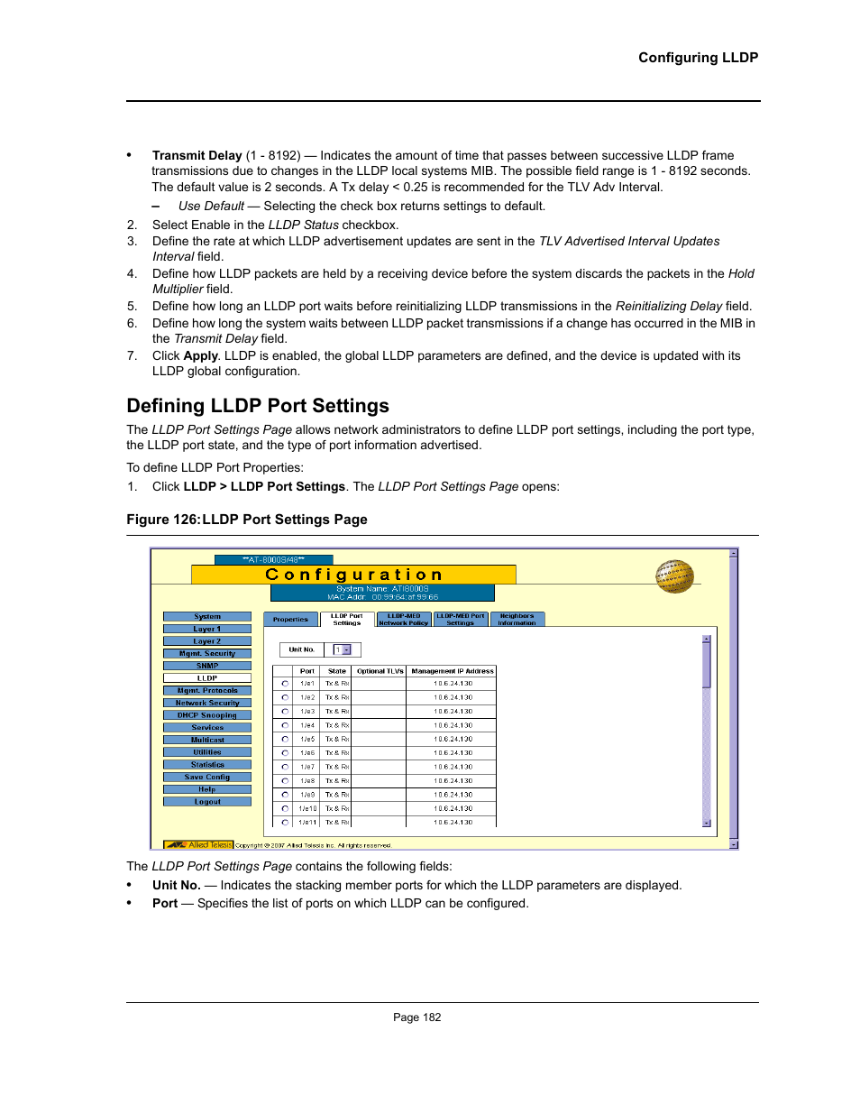 Defining lldp port settings | Allied Telesis AT-S94 User Manual | Page 182 / 250