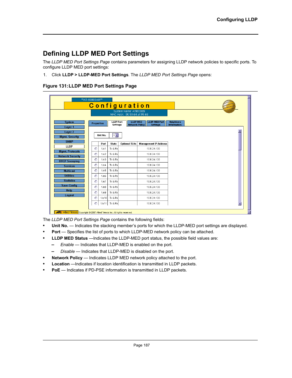 Defining lldp med port settings | Allied Telesis AT-S94 User Manual | Page 187 / 250