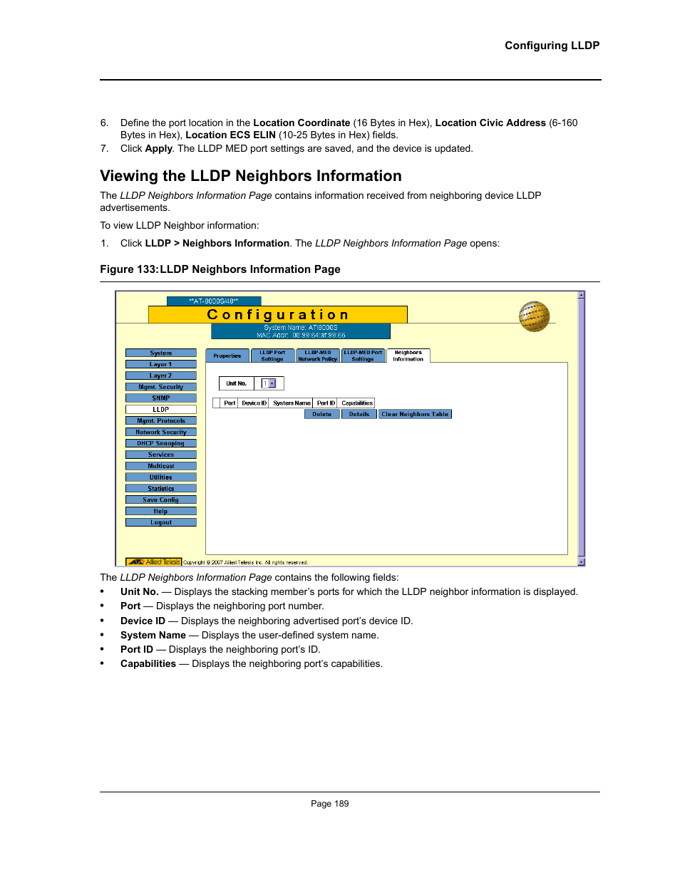 Viewing the lldp neighbors information | Allied Telesis AT-S94 User Manual | Page 189 / 250
