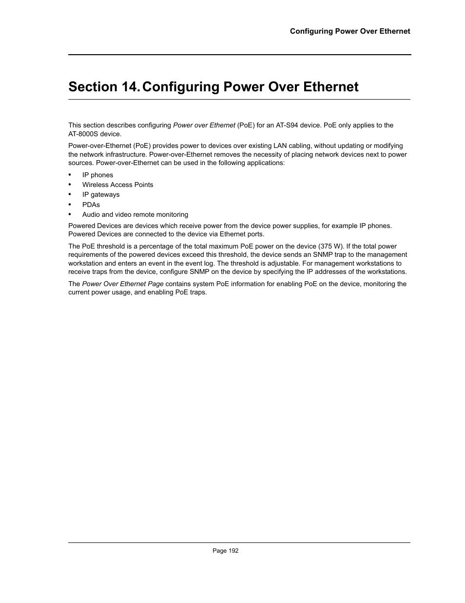 Section 14. configuring power over ethernet, Configuring power over ethernet, Configuring power over ethernet” — provid | Allied Telesis AT-S94 User Manual | Page 192 / 250