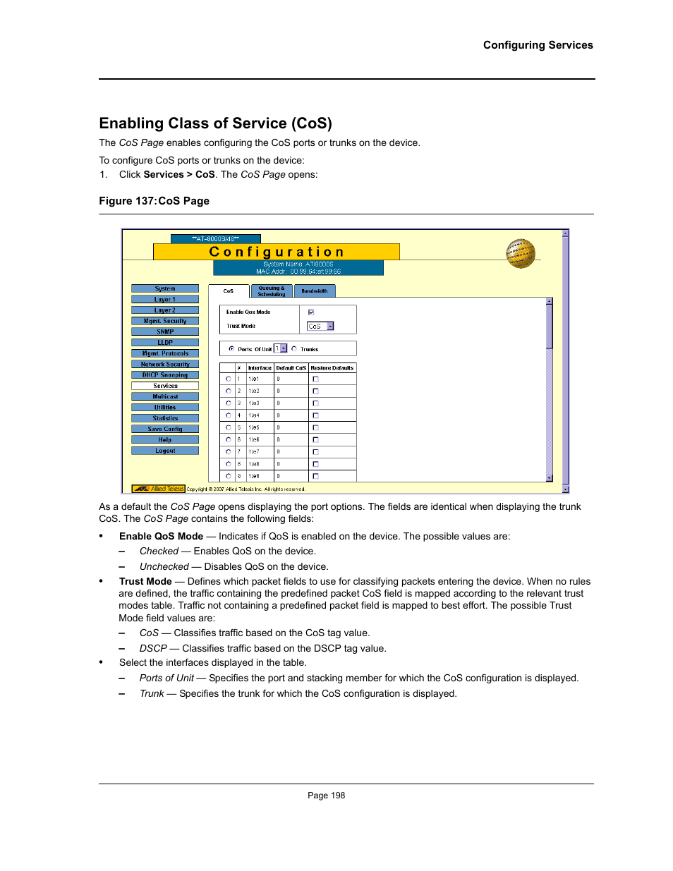 Enabling class of service (cos) | Allied Telesis AT-S94 User Manual | Page 198 / 250
